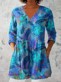 Women's Elegant Floral Pattern Cotton and Linen Top