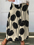 Women's Vintage Lovely Tulips Art Printed Linen Pocket Skirt