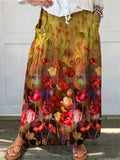 Women's Retro Floral Art Print Linen Pocket Skirt
