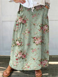 Women's Retro Floral Art Print Casual Linen Pocket Skirt