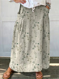 Women's Retro Floral Art Print Casual Linen Pocket Skirt