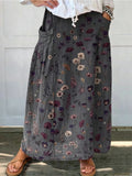 Women's Flower Art Print Linen Pocket Skirt