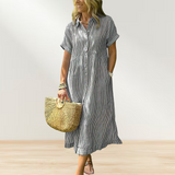 Women's Loose Midi Striped Shirt Dress Bohemian Side Slit Dress with Pockets