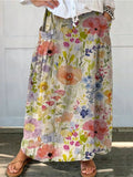 Women's Lovely Watercolor Floral Art Print Casual Linen Pocket Skirt