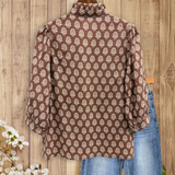 Charming Vintage Floral Printed V Neck Blouse Women's Cozy 3/4 Sleeve Top Brown Fabric Medium Cotton Viscose Fitted Shirts Boho Elegant Feminine Jeans Outfit