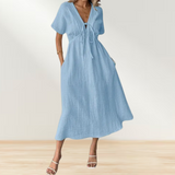 Women's Summer Solid Color V-Neck Cotton Dress Short-Sleeve Drawstring Beach Dress with Pockets