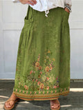 Women's Vintage Flower Print Linen Pocket Skirt