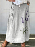 Watercolor Lavender Floral Printed Women's Linen Pocket Skirt