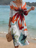 Women's Retro Color-block Floral Art Print Loose Cotton-linen Dress