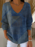 Women's Vintage Abstract Geometry Art Print V-neck Loose Sweater