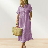 Women's Loose Midi Striped Shirt Dress Bohemian Side Slit Dress with Pockets