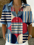 Women's Retro Color-block Geometric Loose-fit Cotton-linen Short-sleeve Shirt