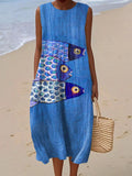 Women's Vintage Fish Art Print Sleeveless Cotton Pocket Wrap Dress