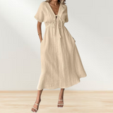 Women's Summer Solid Color V-Neck Cotton Dress Short-Sleeve Drawstring Beach Dress with Pockets