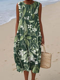 Women's Retro Green Art Olive Print Sleeveless Cotton Pocket Wrap Dress