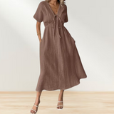 Women's Summer Solid Color V-Neck Cotton Dress Short-Sleeve Drawstring Beach Dress with Pockets