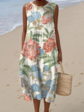 Women's Vintage Art Flower Print Sleeveless Cotton Pocket Wrap Dress