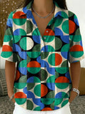 Retro Color-block Geometric Print Cotton-linen Short-sleeve Shirt