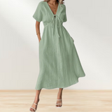 Women's Summer Solid Color V-Neck Cotton Dress Short-Sleeve Drawstring Beach Dress with Pockets