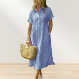 Women's Loose Midi Striped Shirt Dress Bohemian Side Slit Dress with Pockets