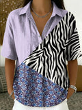 Women's Retro Color-block Patchwork Loose Cotton-linen Short-sleeve Shirt