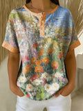 Retro Oil Painting Print Loose-fit Cotton-linen Short-sleeve Shirt