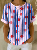Retro Color-block Patchwork Print Loose-fit Cotton-linen Short-sleeve Shirt