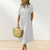 Women's Loose Midi Striped Shirt Dress Bohemian Side Slit Dress with Pockets
