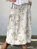 Elegant Vintage Rose Print Women's Linen Pocket Skirt