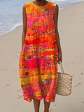 Women's Vintage Abstract Geometry Art Print Sleeveless Cotton Pocket Wrap Dress