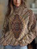 Vintage Symmetrical Flowers Print Knit Turtleneck Pullover Sweater